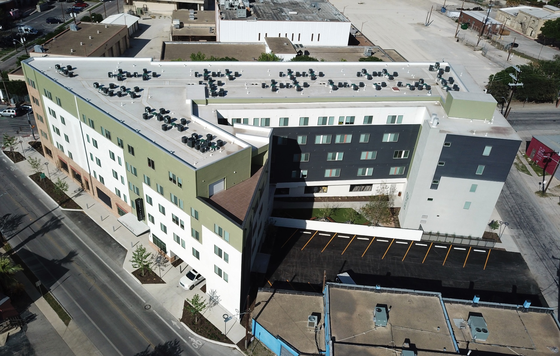 Aerial view of Museum Reach Lofts and surrounding downtown