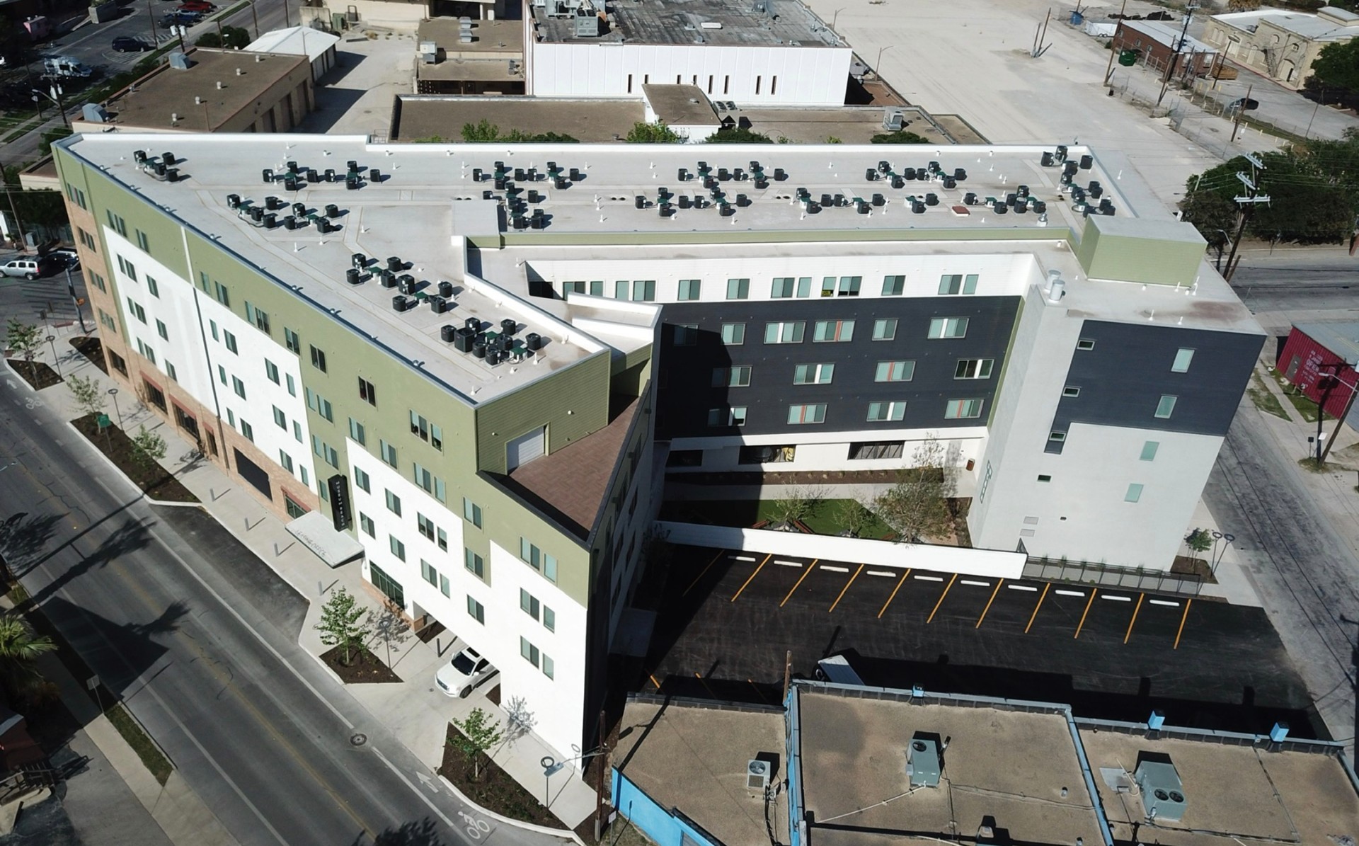 Aerial view of Museum Reach Lofts rooftop and courtyard