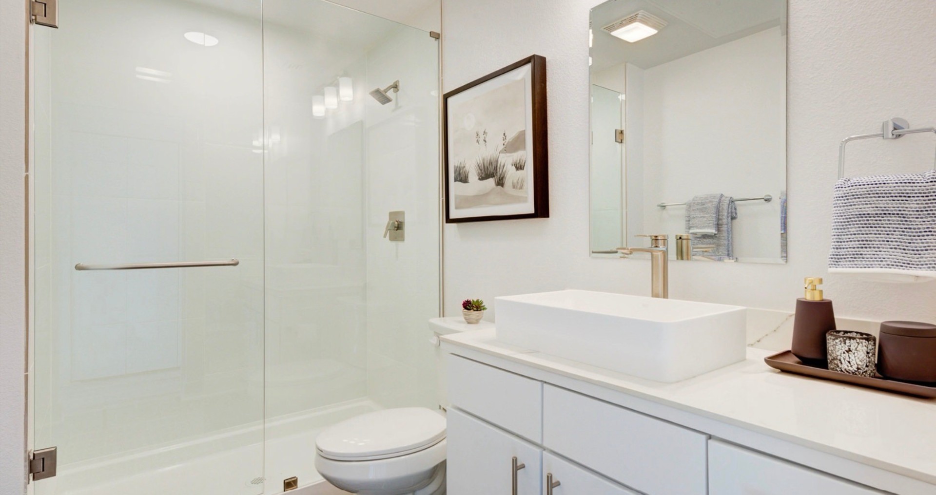 Renovated bathroom with frameless glass shower