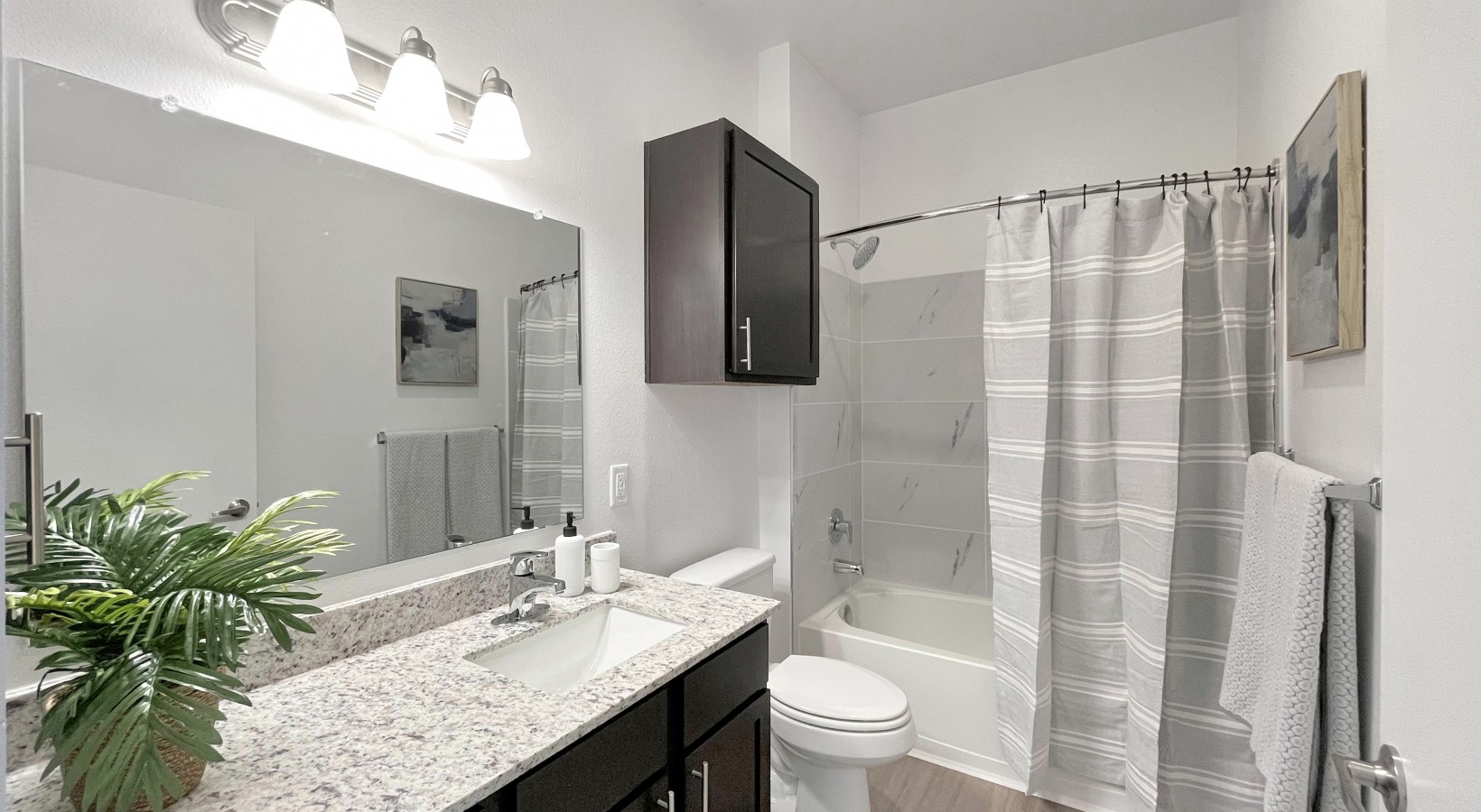 Bathroom with granite vanity and tub-shower