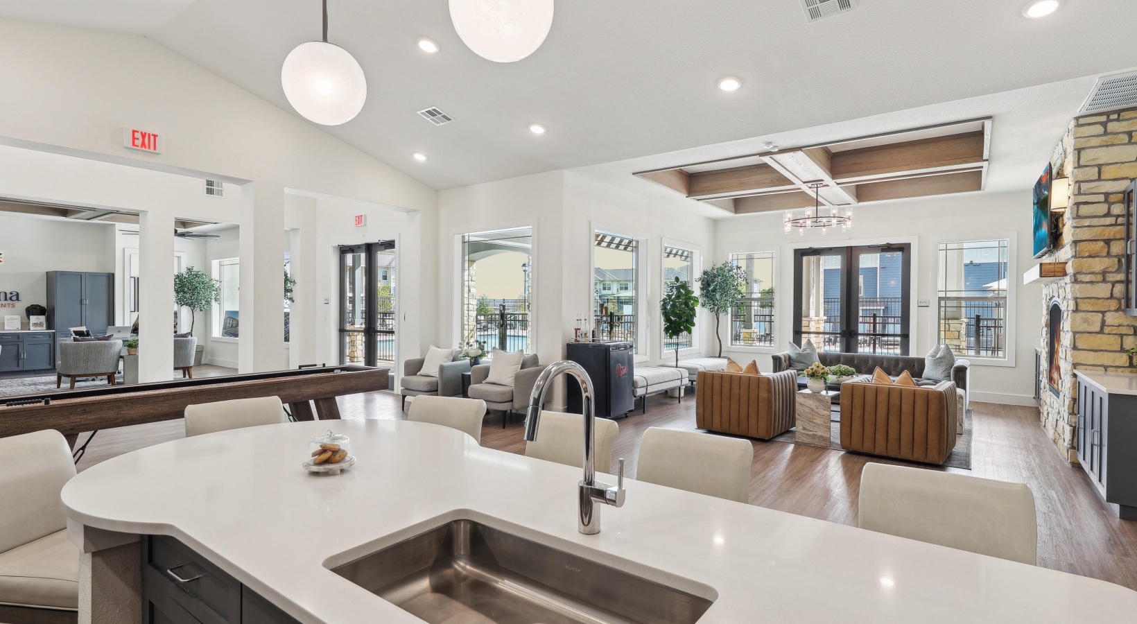 The Lantana clubhouse with open kitchen and lounge