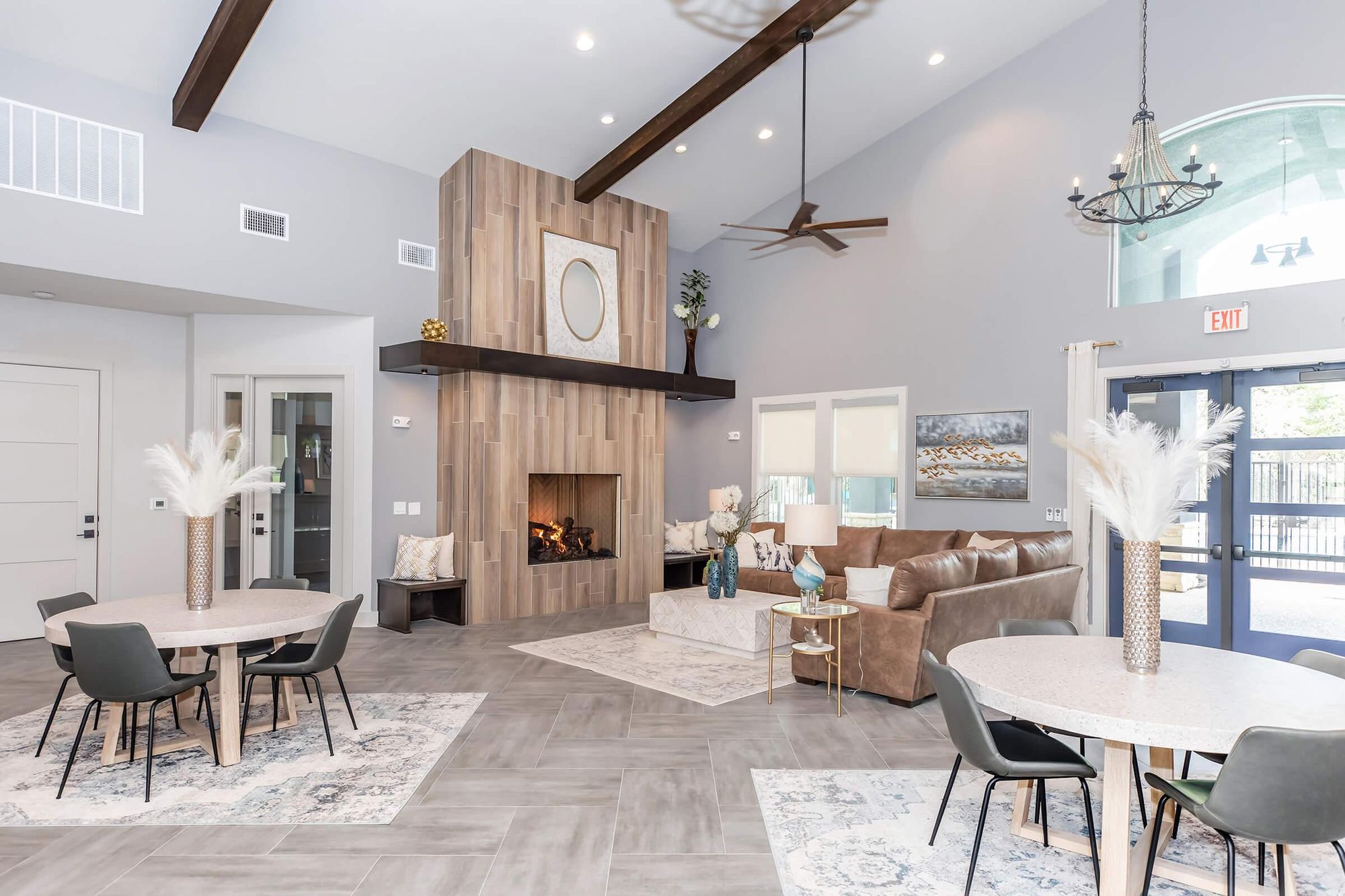 Clubhouse with fireplace and vaulted ceilings