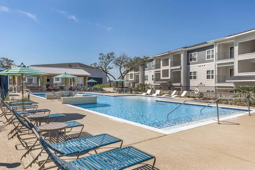 Pool deck with lounge chairs